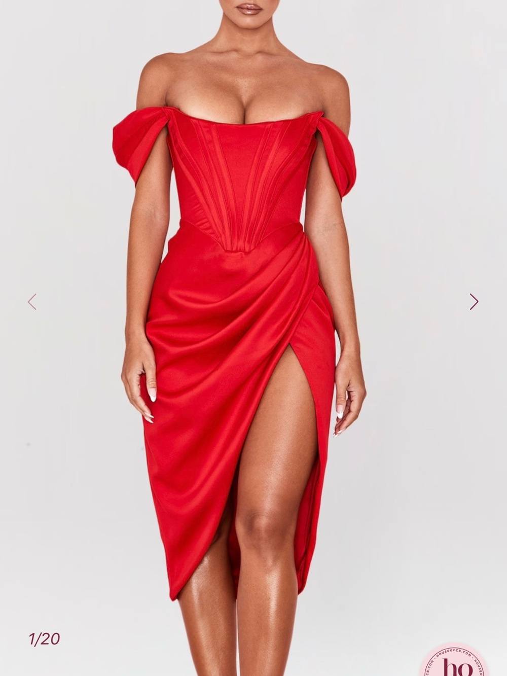 House of CB Scarlet Off-Shoulder Midi Dress with Draped Skirt